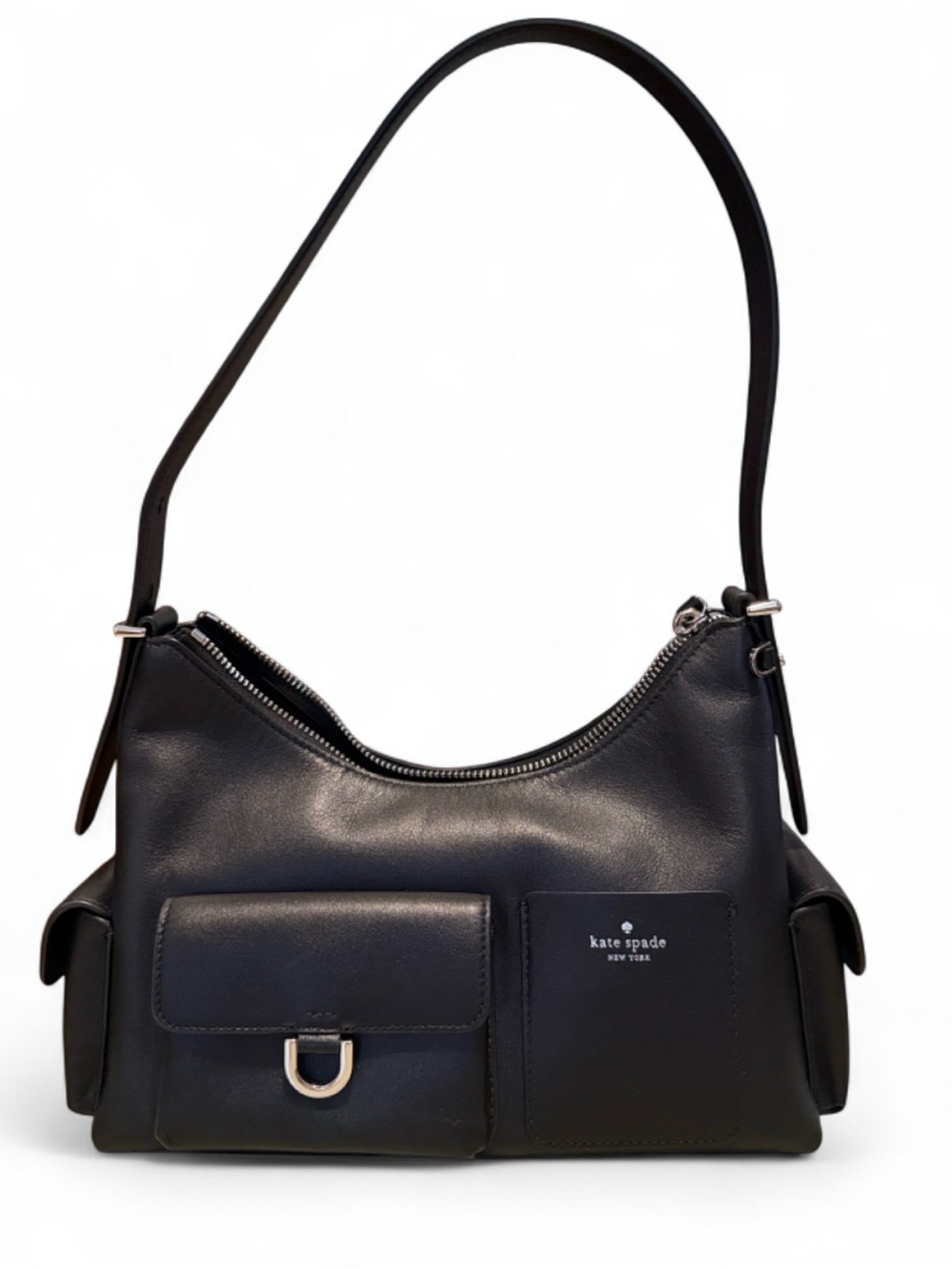 Kate Spade Black Leather Shoulder Hobo Bag with exterior pockets